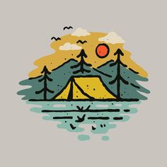 a drawing of a tent in the middle of water with trees and birds around it