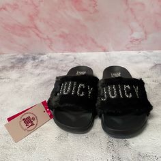 Juice By Juicy Couture Women’s Wrapped Sandals Slides. Shiny Faux Fur Sandals With Faux Pearl-Like Design. Size- 7.5 Juicy Sandals, Juicy Couture Flip Flops, Juicy Couture Swimsuit, Juice Couture, Black Juicy Couture Bag, Couture Heels, Purple Flip Flops, Black Juicy Couture, Faux Fur Sandals