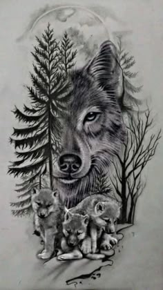 a drawing of a wolf and her cubs