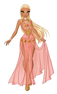 a drawing of a woman in a pink dress with long blonde hair and gold jewelry