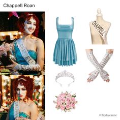 a woman wearing a tiara and gloves next to an image of a dress with the word chapelt roan on it