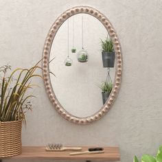 a mirror hanging on the wall next to a potted plant