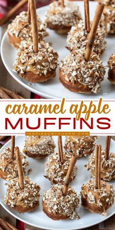 These Caramel Apple Muffins might be my new favorite fall treat. Moist cinnamon-topped apple muffins are dipped in caramel, sprinkled with pecans, and then topped with a cinnamon stick to look just like a caramel apple. Desserts With Cinnamon, Apple Muffin Recipe, Caramel Apple Muffins, Apple Muffin, Savory Apple Recipes, Best Apple Recipes, Fall Apple Recipes, Fall Baking Recipes