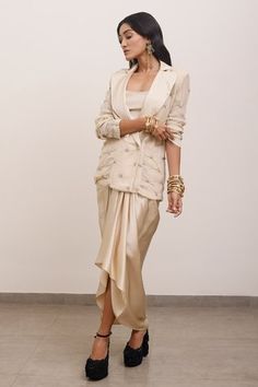 Shop for AK-OK Beige Silk Sequin Embellished Blazer With Skirt for Women Online at Aza Fashions Blazer With Skirt, Blazer Crop, Embellished Blazer, Silk Cape, Asymmetric Skirt, Beige Silk, Beige Blazer, Draped Skirt, Skirt For Women