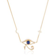 Embrace the power of ancient symbolism with our Eye of Horus Necklace, one of the most influential symbols from ancient times. The Eye of Horus represents protection, health, and restoration, making it a powerful talisman for everyday wear. This necklace features the Eye of Horus on a curb chain, complemented by a crescent moon and star charm, adding a touch of celestial elegance. Perfect for those seeking meaningful jewellery with deep meaning, the Eye of Horus Necklace offers both style and sy Horus Necklace, Eye Of Horus Ring Silver, Eye Of Horus Pendant, Gold Plated Evil Eye Amulet Jewelry, Eye Of Horus Necklace, Gold-plated Evil Eye Amulet Necklace, Eye Of Horus, September Birthstone Jewelry, Meaningful Jewelry