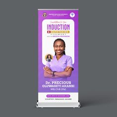 a purple roll up banner with an image of a woman in scrubs on it