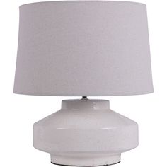 a white table lamp with a grey shade on the top and bottom part of it