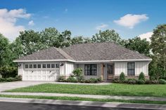 this is an artist's rendering of the front elevation of these ranch house plans