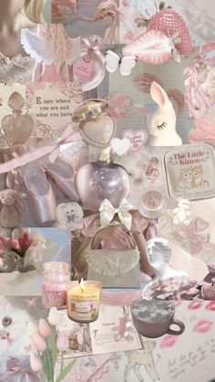 a collage of pink and white images with bunny, rabbit ears, flowers, hearts, candles and other items