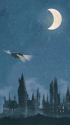 an image of a car flying in the sky over a castle with a half moon