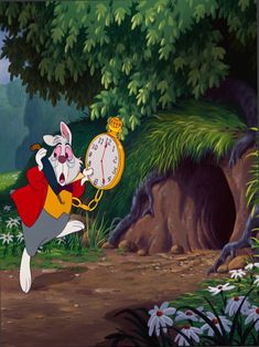 an animated character holding a clock in the woods