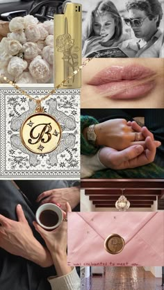 a collage of photos with different items including lipstick, gold necklace and pink envelope