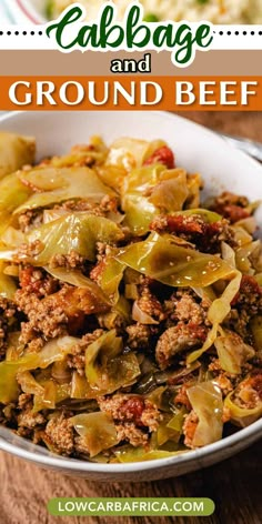 cabbage and ground beef in a white bowl on a wooden table with text overlay