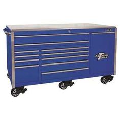 a blue tool cabinet with wheels and drawers