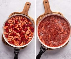 two pictures of strawberries being cooked in a pot