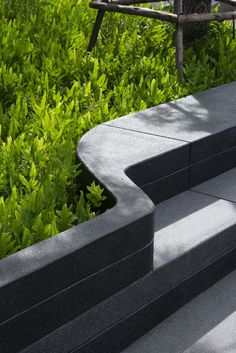 two concrete benches sitting in the middle of some bushes