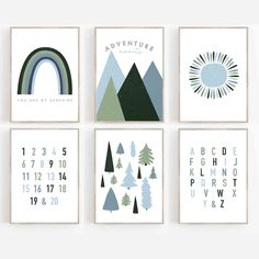 four wall art prints with mountains, trees and numbers in blue green and white colors