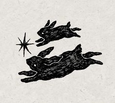 an ink drawing of two rabbits flying in the air, with a star above them