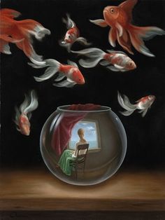 a fish bowl filled with goldfish flying around