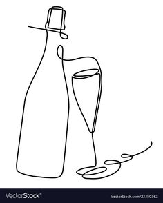 a bottle and a glass with liquid on the floor line art drawing royaltyvector