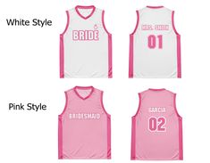 three pink and white basketball jerseys with the number 01, bride, and groom on them