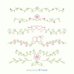 a set of hand drawn designs with hearts, flowers and leaves on white paper background