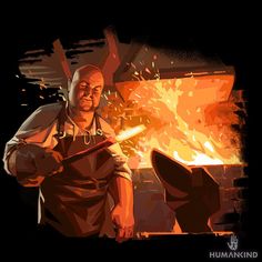 a man in an apron is working on a piece of wood with a fire behind him