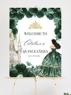 Emerald Green Floral Quinceanera Welcome Sign, Quinceanera Sign, Quinceanera Poster, Quinceañera Welcome, Emerald Green Quinceañera Decor Emerald Quinceanera, Quinceanera Sign, Quince Green, Quinceañera Decor, Green Quinceanera, Quinceanera Crown, Outdoor Welcome Sign, Quinceanera Party, Emerald Green Dresses