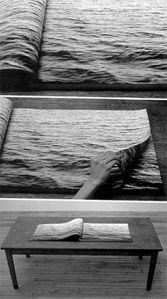 three different views of the ocean with one person's hand on a table