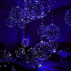 blue lights in the shape of trees and balls