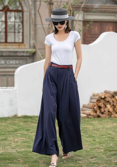 "Ultra-wide-leg pants from Xiaolizi. Made from a super soft cotton linen in a fitted high waisted, Features side-entry pockets. Finished with pleated detailing at the front. The maxi palazzo pants will be the adorable one for summer spring. DETAIL * 50% linen blend, 50% cotton * zipper and Button closure on the front * Two pockets * Wild leg design * Suit for summer,spring,autumn * Wash by hand or machine with cold water * More Color available https://www.etsy.com/listing/60497678 CUSTOM MADE SE Blue Wide Leg Pants Outfit, Wide Trousers Outfit, Long Linen Pants, Wide Leg Pants High Waisted, Outfit For Petite Women, Long Wool Skirt, Legs Outfit, Chiffon White Dress