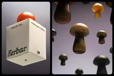 three different views of mushrooms and oranges flying in the air, one with a face oil box on it