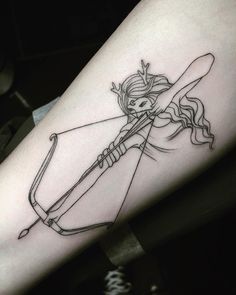 a woman with a bow and arrow tattoo on her leg is shown in black ink