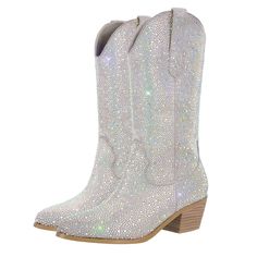 PRICES MAY VARY. [New Style]rhinestones sparkly boots for women,mid calf high boots pull on tabs boots. [Pull on] with Tabs boots,variety styles suitable for dress jeans,shorts coats. [A pleasant] shopping experience. Adhere to handmade shoes,bring you surprised style. [For occasions]:casual party,dating,club nights,work office,vacation，compliments from eyes. [Heels height]:2.2in,mid comfortable mid heel height for feet and toes. Heel Height:about 2.2inch Sparkling Cowboy Boots, Wag Dr, Sparkly Boots, F1 Wag, Botas Western, Calf High Boots, Slip On Boots, Cow Boy, Womens Knee High Boots