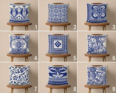 twelve different blue and white vases sitting on top of wooden stools with numbers in them