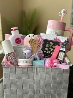 a basket filled with personal care items on top of a table