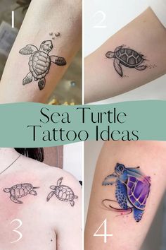 four different sea turtle tattoo designs on the arm and shoulder, with text overlaying them