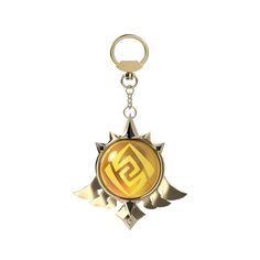 a metal keychain with an emblem on the front and back sides, hanging from a chain