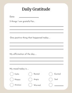 a printable worksheet for the daily gratitude