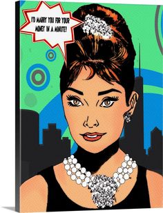 a pop art painting of a woman wearing pearls