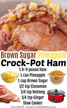 an advertisement for brown sugar pineapple crock pot ham