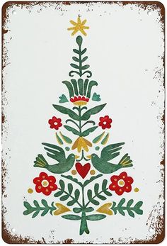 a drawing of a christmas tree with birds and flowers on it's branches, painted in watercolor