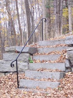 a set of stone steps with wrought iron handrails in front of trees and leaves