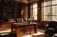 an office with leather chairs and large bookshelves in the corner, along with a desk that has a lamp on it