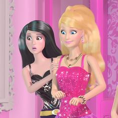 two barbie dolls standing next to each other in front of a pink wallpapered room