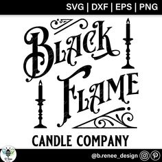 the black flame candle company logo is shown on a white background and has an ornate font that