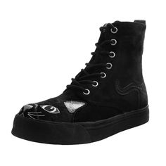 T.U.K. Shoes Black Faux Suede Embroidered Kitty Combat Boot Sneaker A9345L Converse High Top Sneaker, Converse Chuck Taylor High Top Sneaker, Fashion Boots, Black Boots, Combat Boots, High Top Sneakers, Sneaker Boots