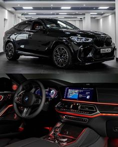 the interior and dashboard of a black bmw suv in a garage with red lights on