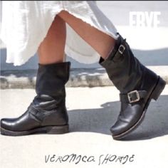 Gorgeous Veronica Harness Short Boot. Frye Boots Outfit, Calf Boots Outfit, Slouchy Leather Boots, Frye Veronica Short, Black Moto Boots, Dark Brown Boots, Frye Veronica, Short Leather Boots, Leather Western Boots