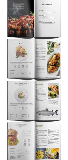 an open book with pictures of food and drinks on the pages, in three different sections